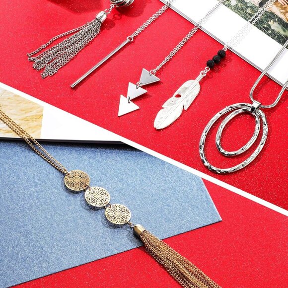 Necklace Set Y Tassel Leaf Circle Bar Necklace for Women - Picture 5 of 7